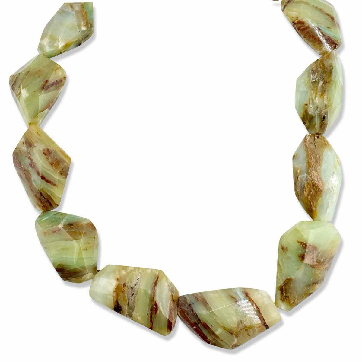 Light green, tan and reddish brown faceted stone bead necklace