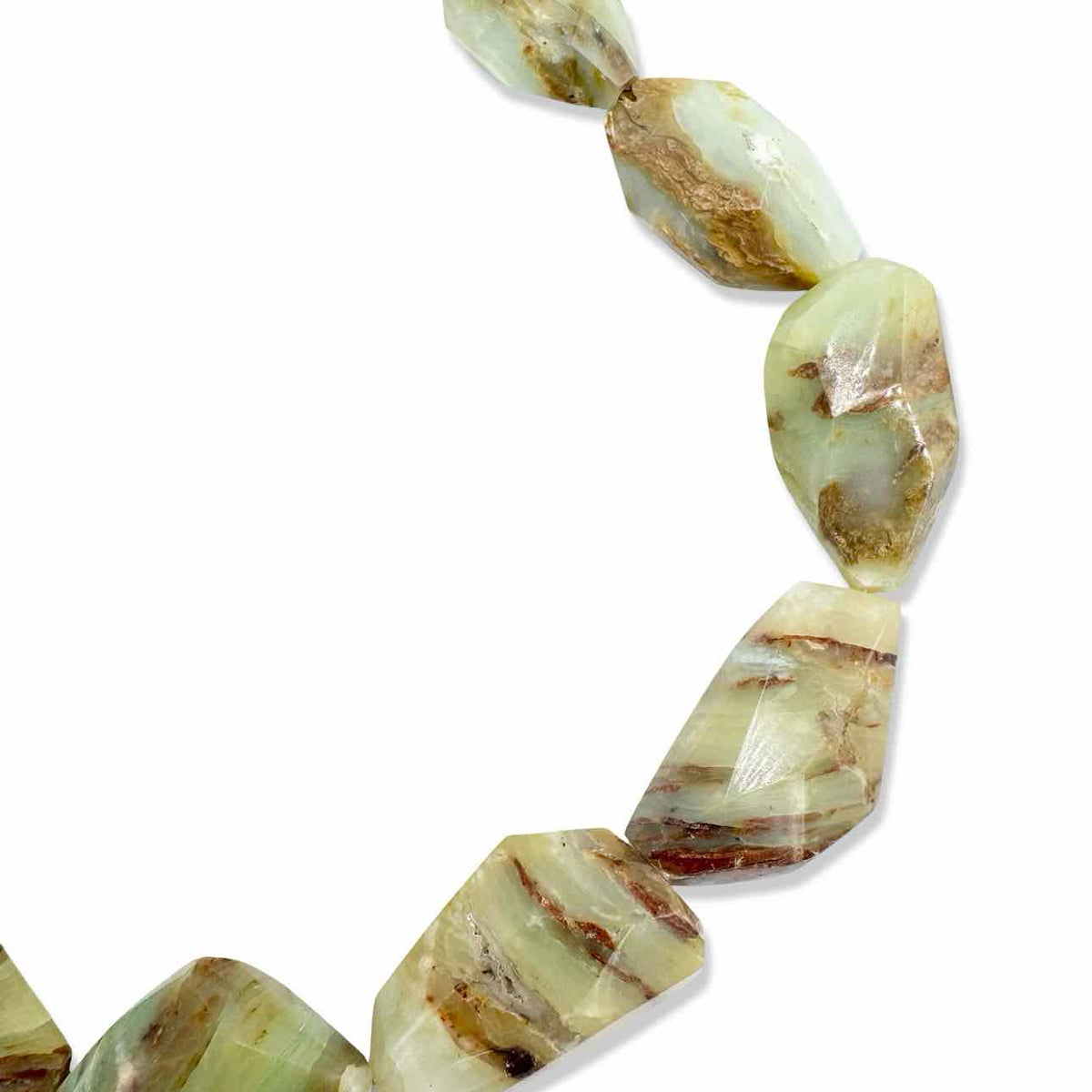 Light green, tan and reddish brown faceted stone bead necklace