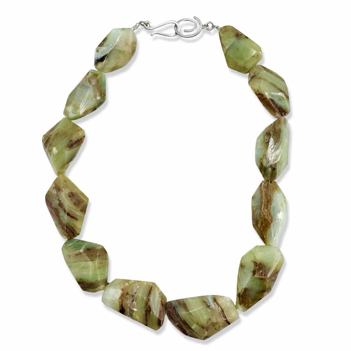 Light green, tan and reddish brown faceted stone bead necklace
