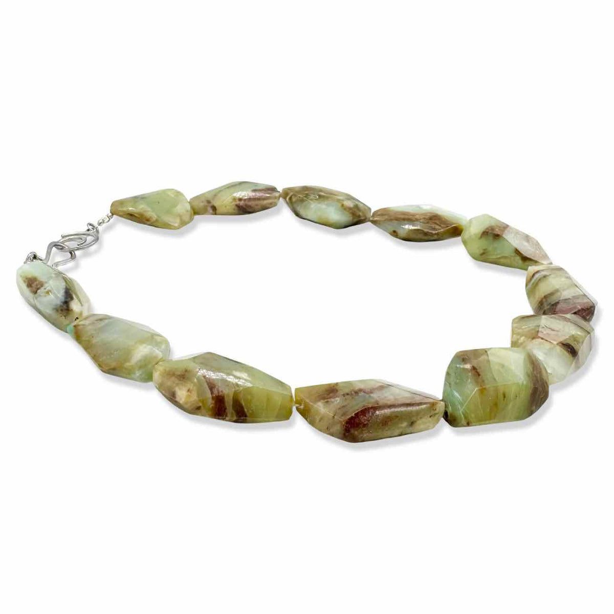 Light green, tan and reddish brown faceted stone bead necklace
