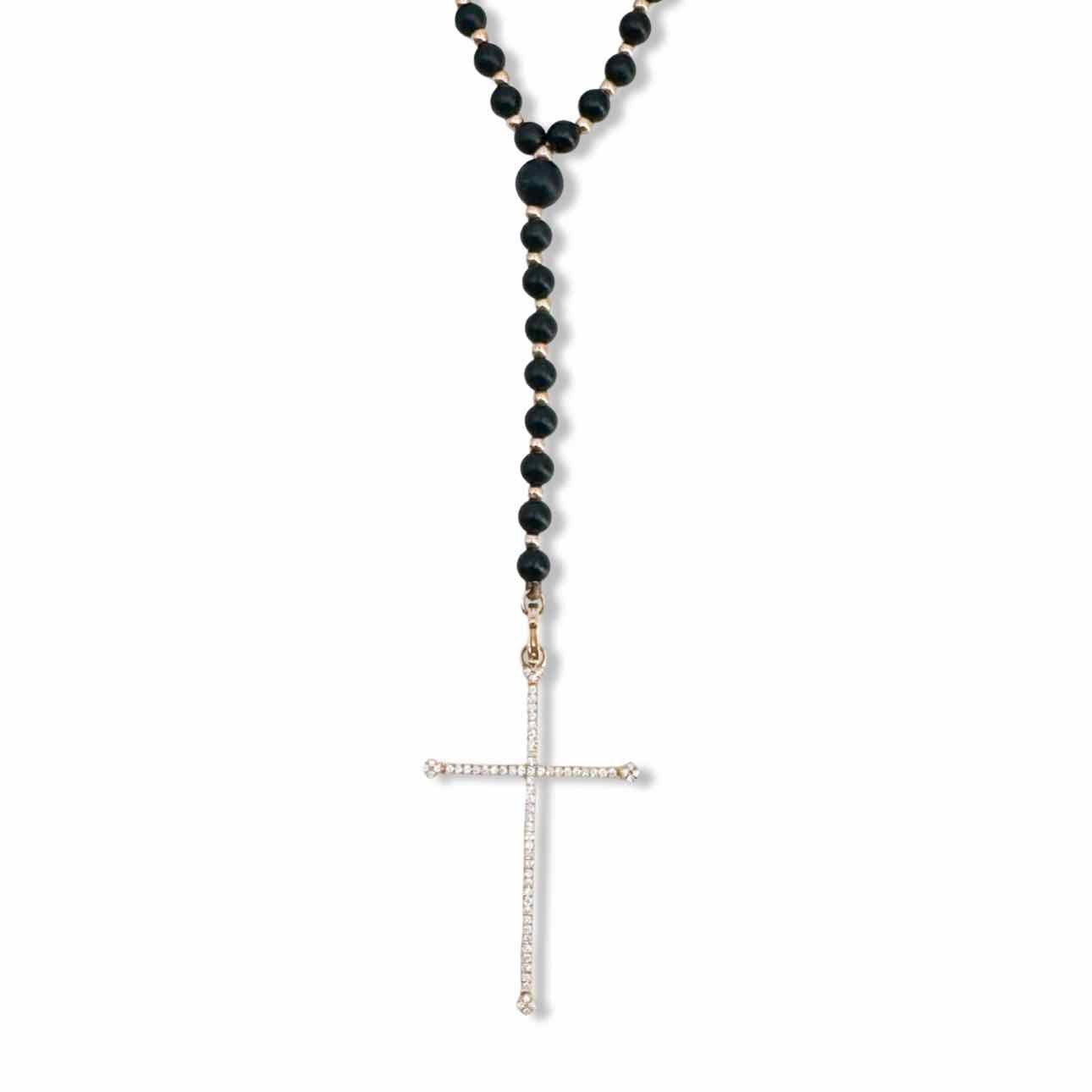 Diane Kordas 18K gold and black onyx beads w/diamond cross - Double Exposure Boutique
